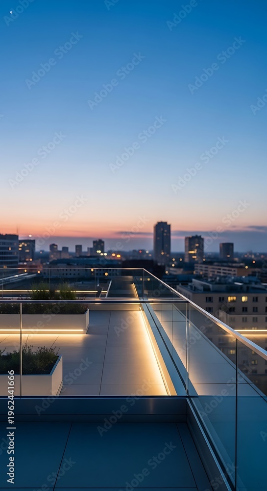 Fototapeta premium Modern rooftop terrace at dusk with city skyline view and ambient lighting, perfect for urban living and luxury lifestyle concepts.