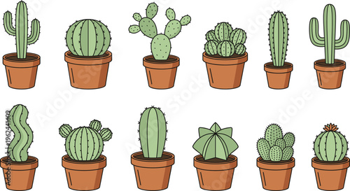 Hand Drawn Cactus and Succulent Plants in Pots Collection Featuring Various Desert Plants for Home Decor, Botanical Design and Minimal Garden Illustration