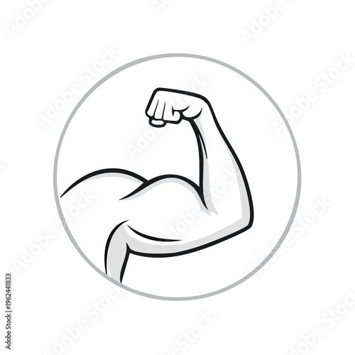 Stylized illustration of a flexed bicep muscle within a circular frame, symbolizing strength and fitness