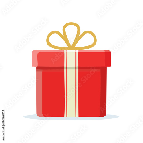 Bright red gift box tied with a gold ribbon and cream stripe accents