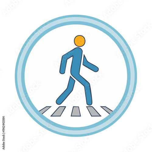 Stylized Blue Pedestrian Crossing Safely Over Striped Crosswalk in Circular Frame