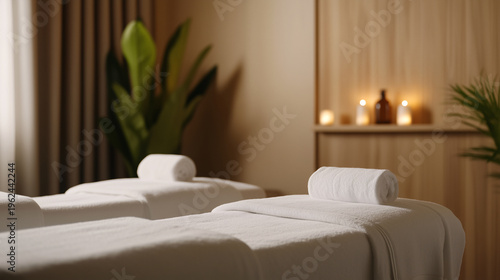 Spa massage room with two massage tables, soft ambient lighting, neatly arranged towels, aromatic candles, serene and calm	
