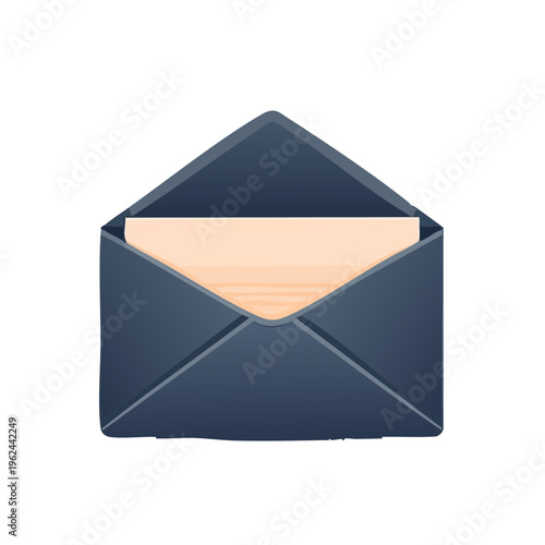 Open dark blue envelope with peach letter inside, communication concept