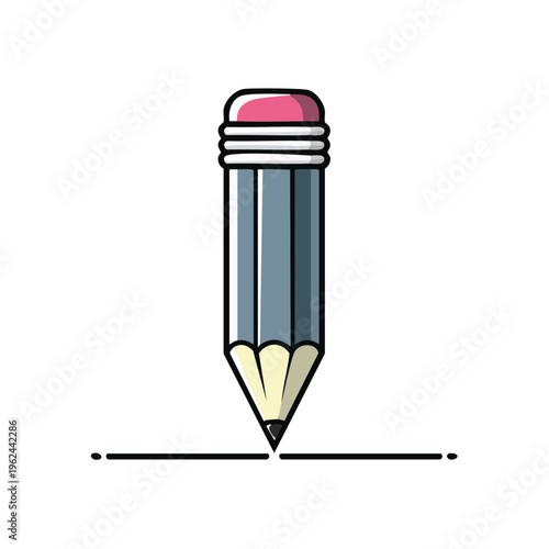 Sharpened graphite pencil with pink eraser drawing a straight line across white