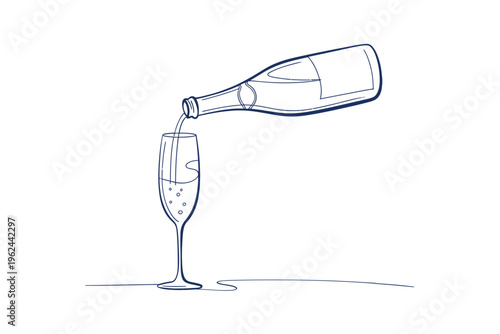 A minimalist line drawing depicts a bottle pouring sparkling wine into a flute glass high quality