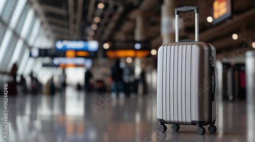 A sleek, modern suitcase with a hard shell design, standing upright on the polished floor of an airport terminal, with blurred travelers and departure signs in the background	