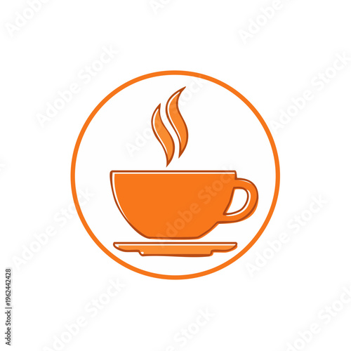 Orange coffee cup with steam icon in a circle on white background