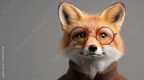 portrait red fox wearing brown tweed vest and round glasses, standing upright, fur and clothing texture, grey background	