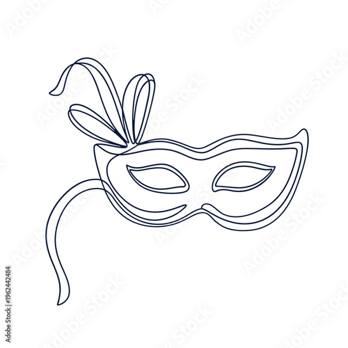 A delicate blue line drawing depicts a classic venetian masquerade mask with feather embellishments high quality