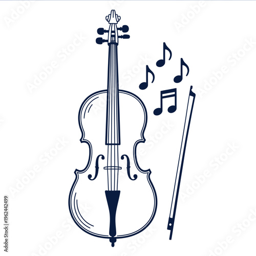 Slika na platnu A stylized blue line drawing depicts a violin with musical notes emanating from