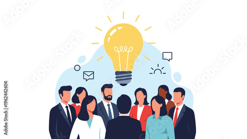 Conceptual illustration of a group of diverse people looking up at a giant glowing light bulb representing a shared idea.