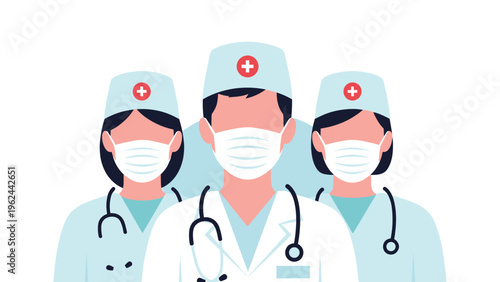 Illustration of a medical team including doctors and nurses wearing blue scrubs surgical masks and caps with stethoscopes.