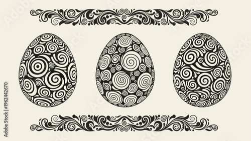 Trio of black and white Easter eggs decorated with intricate swirl and curl patterns with matching top and bottom borders.