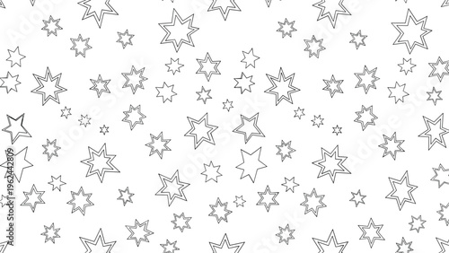 Repeating pattern of sketchy black and white five pointed stars of varying sizes scattered across a white background.