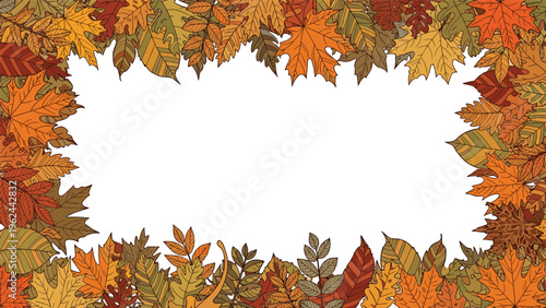 Colorful autumn leaves of various deciduous trees forming a decorative rectangular border around a large central white copy space.