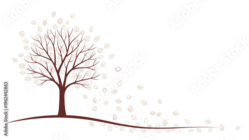 Stylized brown tree silhouette on a grassy hill with many small leaves blowing away in the wind on a plain white background.