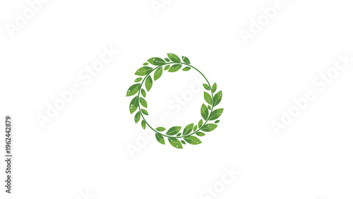Circular wreath made of vibrant green leaves arranged in a round frame over a plain white background for eco friendly designs.