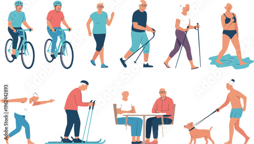 Active seniors engaging in outdoor sports and leisure activities, elderly people riding bikes, walking, dancing, hiking, eating, and skiing vector illustration