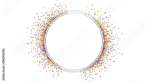 White circular frame surrounded by a colorful explosion of multi colored square confetti particles on a white background.