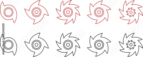 Hurricane cyclone icon set collection group in line style featuring storm, typhoon, tornado, whirlwind, vortex and weather synonym elements for disaster alert, climate design and warning graphics