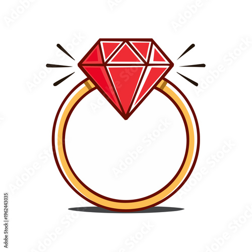 Sparkling Red Diamond Engagement Ring Illustration with Gold Band