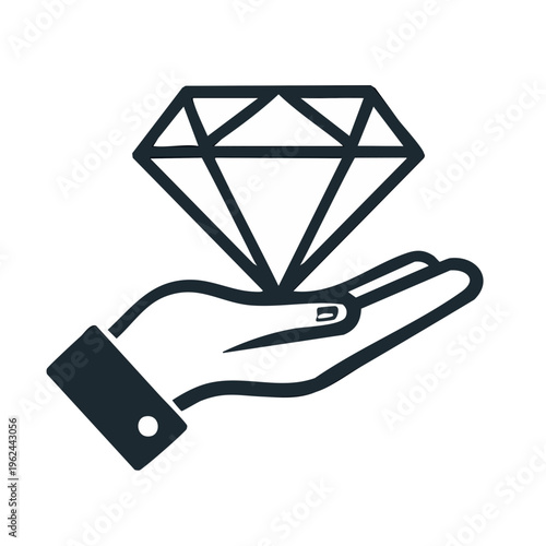 Hand holds brilliant diamond icon symbol representing value wealth and precious gemstone