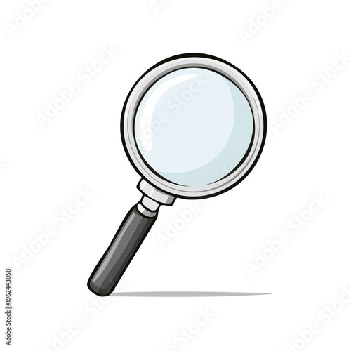Stylized magnifying glass with silver rim and black handle for exploration and discovery