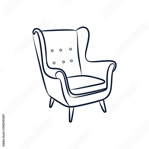 A simple line drawing depicts a classic wingback armchair showcasing its elegant curved form high quality