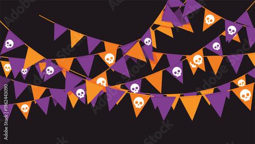 Festive Halloween bunting flags in purple and orange decorated with white skull icons on a plain black background.