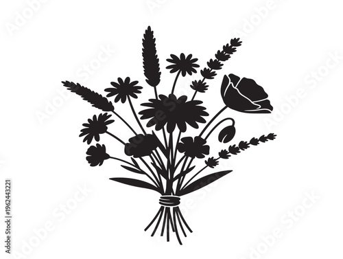 Colorful wildflower bouquet silhouette with lush blooming natural arrangement 