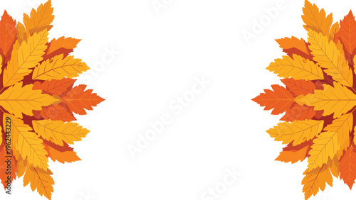 Two semi circular arrangements of orange and yellow autumn leaves creating a symmetrical frame on a plain white background.