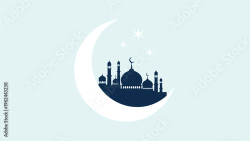 Dark blue silhouette of a mosque with domes and minarets inside a large white crescent moon on a light blue background.