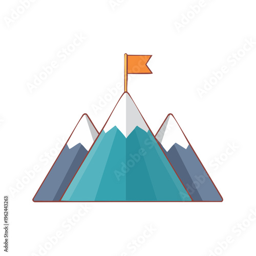 Stylized mountain peaks capped with snow and an orange flag signifying achievement and success