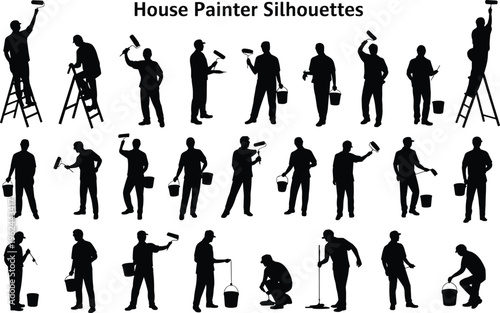 Extensive collection of house painter silhouettes in numerous poses demonstrating various painting tasks and actions