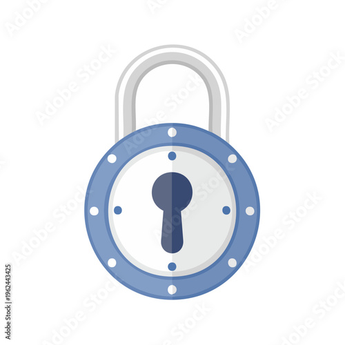 Blue metallic padlock with silver shackle security symbol flat illustration