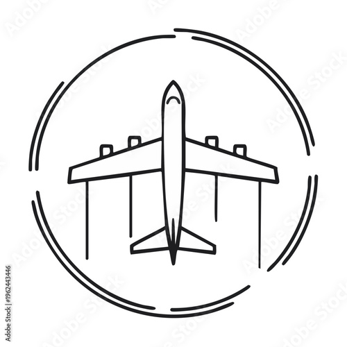 Simple line art icon of a commercial jet airplane inside a double circular frame