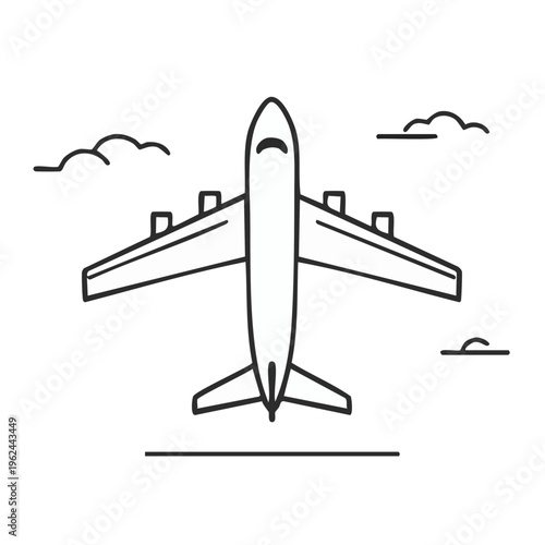 Modern airliner aircraft taking off or landing simple line art graphic illustration
