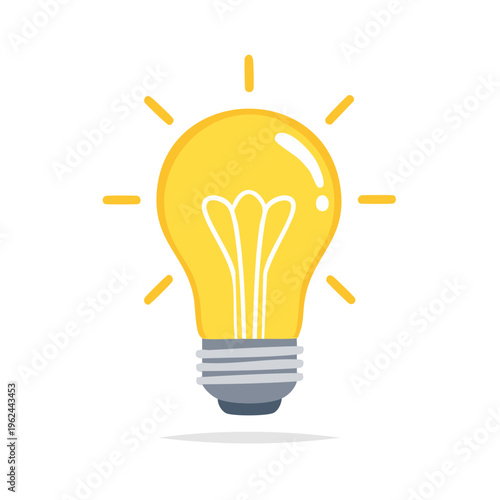 Bright yellow incandescent light bulb with glowing filament and radiating light rays, symbolizing an idea or inspiration