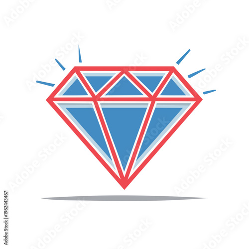 Sparkling Blue Diamond with Red Facets and Light Rays Illustration