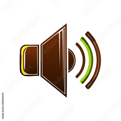 Stylized speaker icon with sound waves emanating outwards in brown and green colors