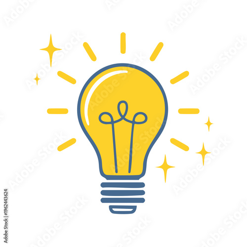 Bright yellow light bulb illuminated with radiating lines and sparkling stars symbolizing a creative idea