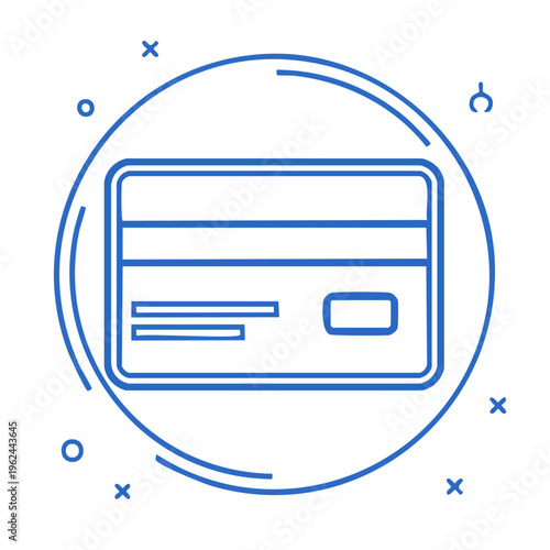 Blue line art credit card icon in circular frame with decorative elements