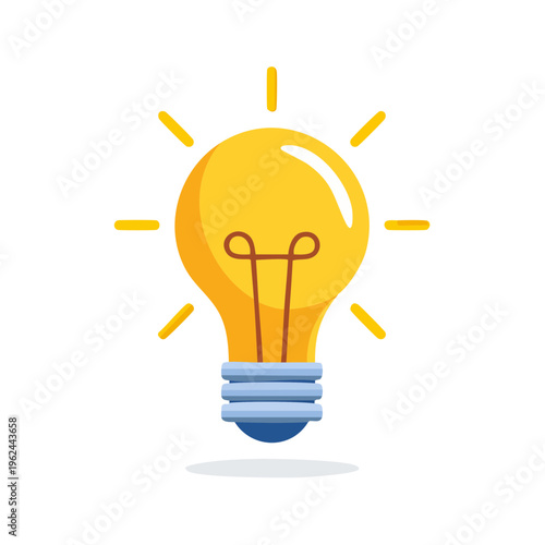 Bright yellow incandescent light bulb emitting radiating light beams symbolizing innovation and ideas