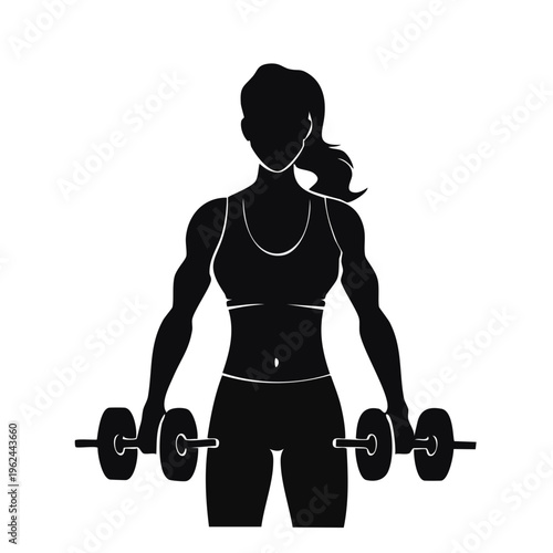 Silhouette of a muscular woman holding dumbbells for weightlifting and strength training exercises