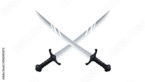 Pair of crossed pirate swords or scimitars with curved silver blades and black handles isolated on a clean white background.