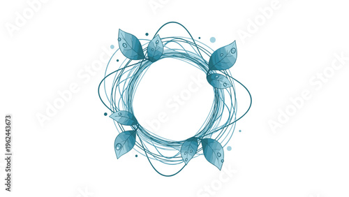 Circular abstract wreath design composed of thin blue lines and fresh green leaves with sparkling water droplets for natural themes.