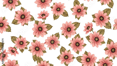 Charming pattern of pink flowers and green leaves scattered across a white background perfect for spring and summer fabric designs.