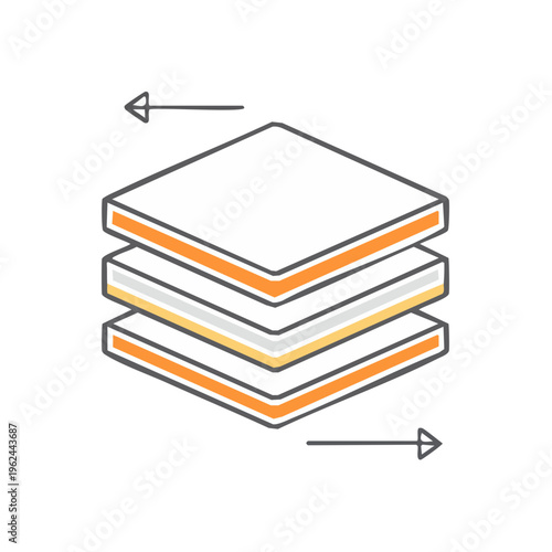 Layered squares with directional arrows showing movement and assembly or disassembly