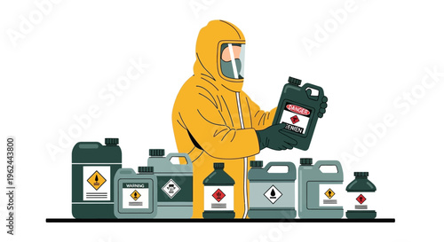Person in yellow hazmat suit holding hazardous chemical container, surrounded by various toxic liquid bottles