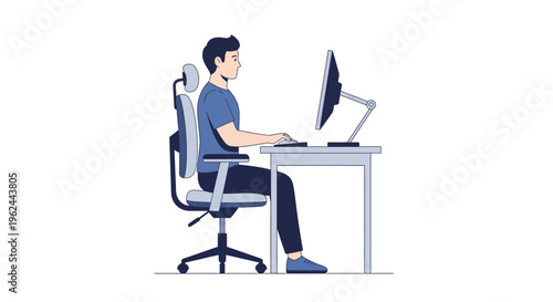 Man working at desk with proper ergonomic posture, sitting on office chair, side view vector
